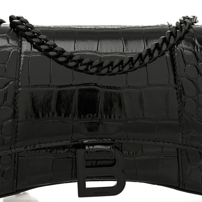 Balenciaga Shiny Calfskin Monochrome Crocodile Embossed Hourglass Chain Bag Black 7 of 9