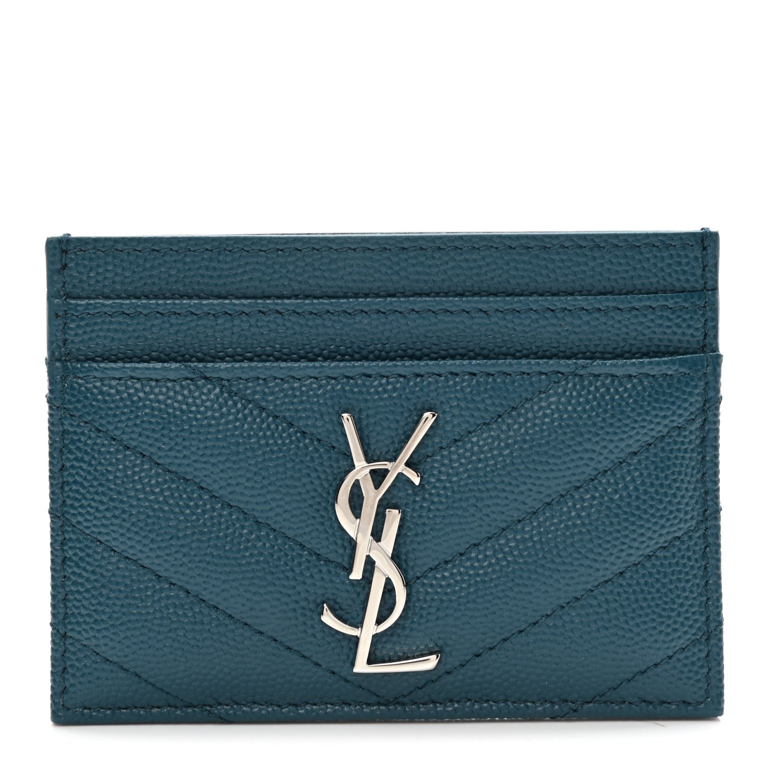 Saint Laurent Grain De Poudre Matelasse Chevron Monogram Credit Card Case Peacock Green 1 of 8