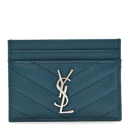 Saint Laurent Grain De Poudre Matelasse Chevron Monogram Credit Card Case Peacock Green 1 of 8