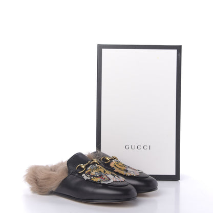 Gucci Calfskin Fur Tiger Embroidered Womens Princetown Slippers 36 Black 10 of 10