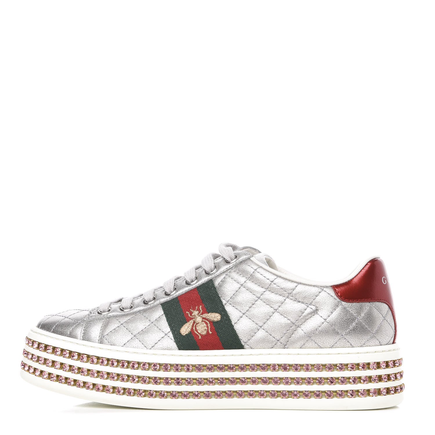 Gucci Laminated Nappa Crystal Web Bee Embroidered Trapuntata Womens Ace Platform Sneakers 37 Argento 1 of 9