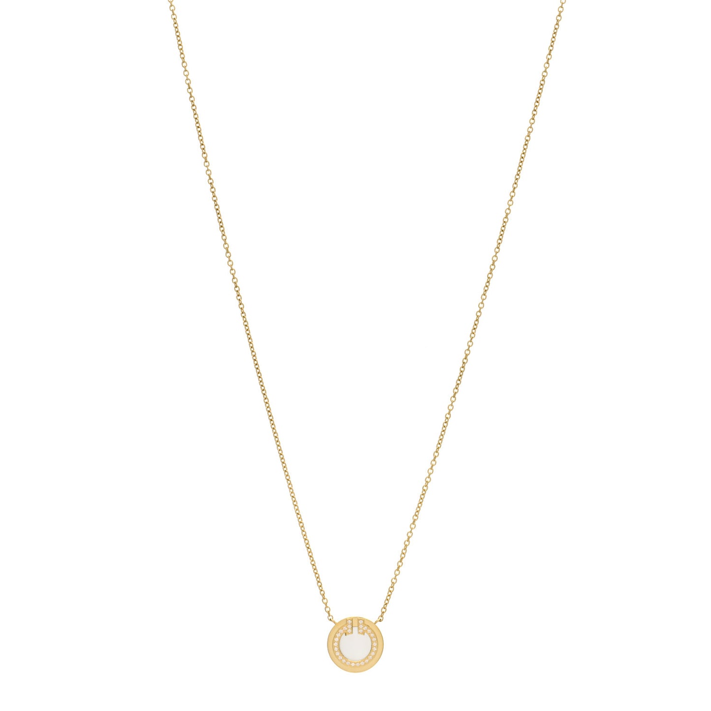 18K Yellow Gold Diamond Mother of Pearl Small T Circle Pendant Necklace