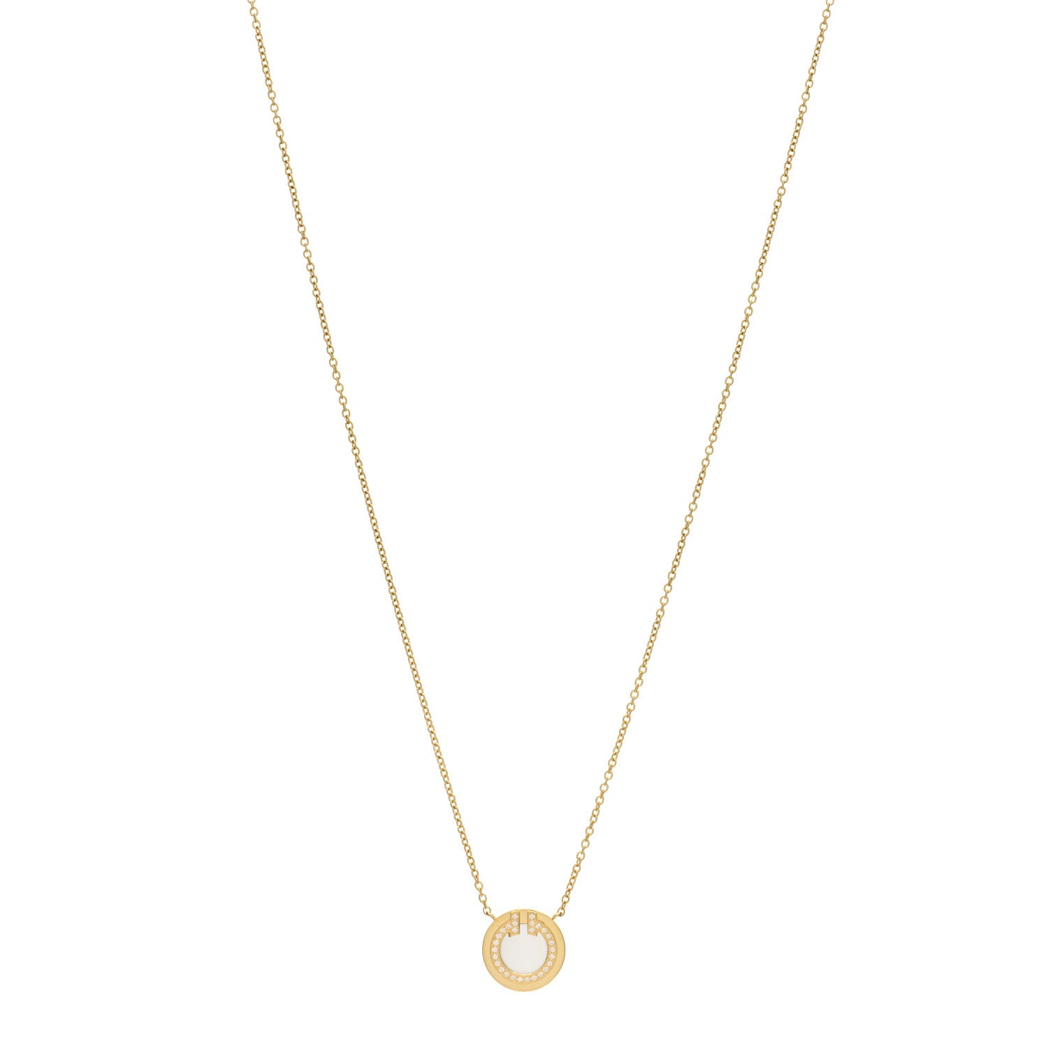 Tiffany 18K Yellow Gold Diamond Mother of Pearl Small T Circle Pendant Necklace 1 of 4