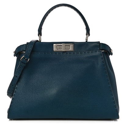 Fendi Cuoio Romano Selleria Bi-Color Medium Peekaboo Iconic Satchel Blue Latte 1 of 16