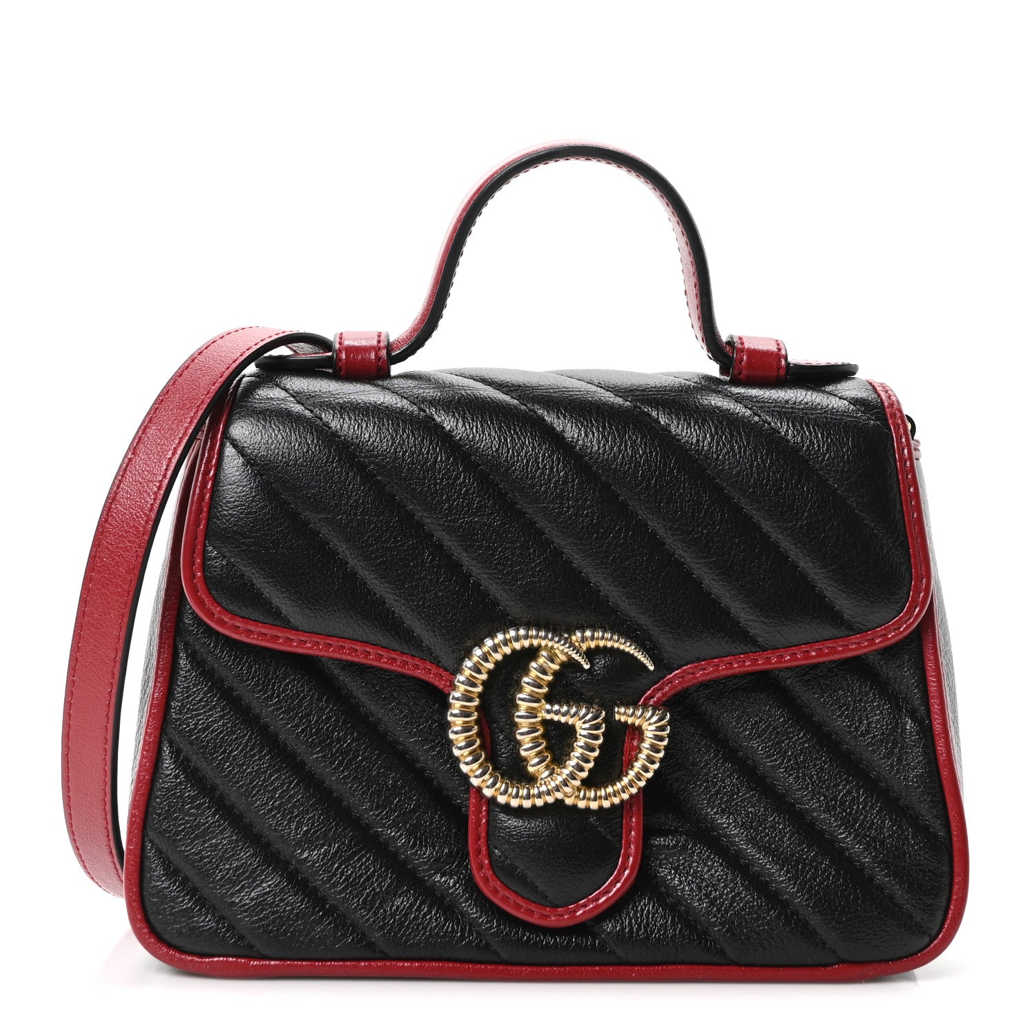 Gucci Vintage Effect Calfskin Matelasse Diagonal Mini Torchon GG Marmont Top Handle Shoulder Bag Black Romantic Cherry 1 of 10