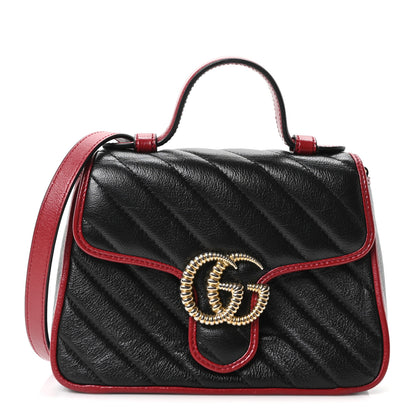 Gucci Vintage Effect Calfskin Matelasse Diagonal Mini Torchon GG Marmont Top Handle Shoulder Bag Black Romantic Cherry 1 of 10