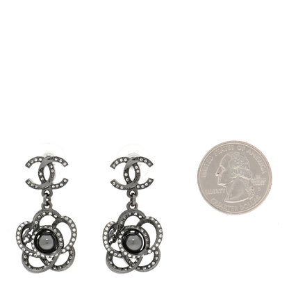 Chanel Crystal Pearl CC Camellia Drop Earrings Silver 2 of 5