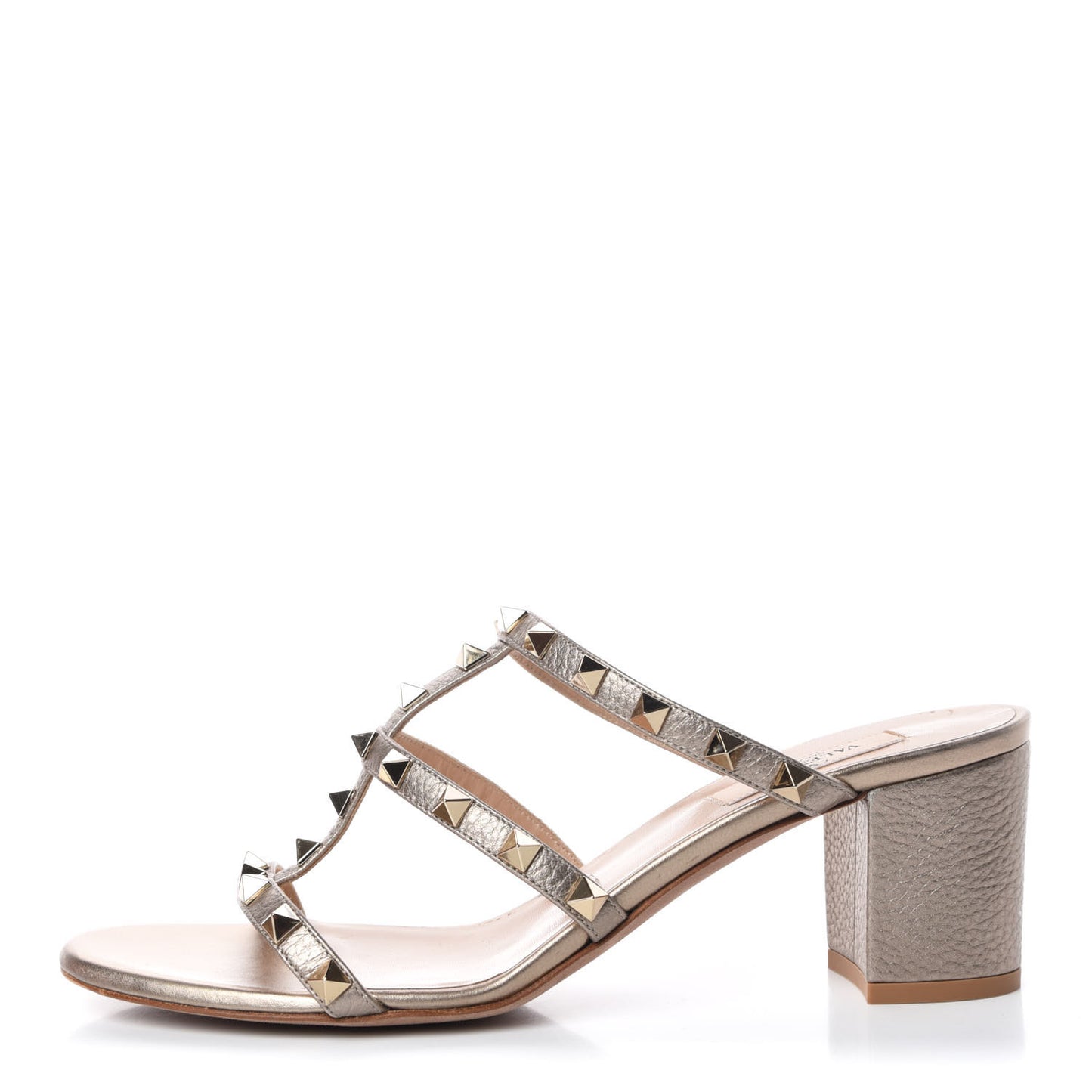 Metallic Pebbled Calfskin Rockstud 60mm Caged Slide Sandals 39 Skin