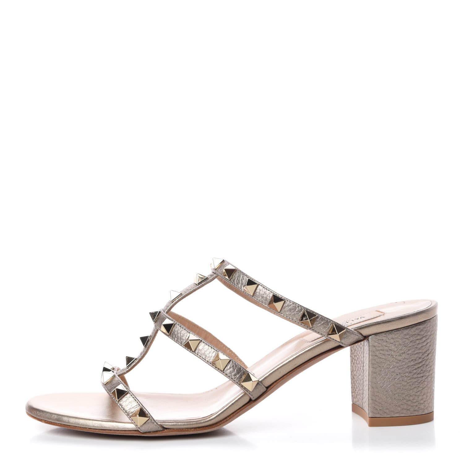 Valentino Garavani Metallic Pebbled Calfskin Rockstud 60mm Caged Slide Sandals 39 Skin 1 of 11