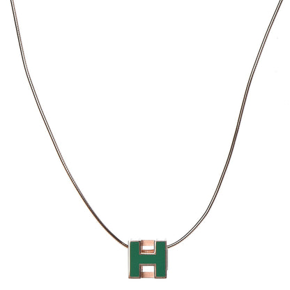 Hermes Rose Gold Lacquered Cage d'H Pendant Necklace Vert Malachite 1 of 7