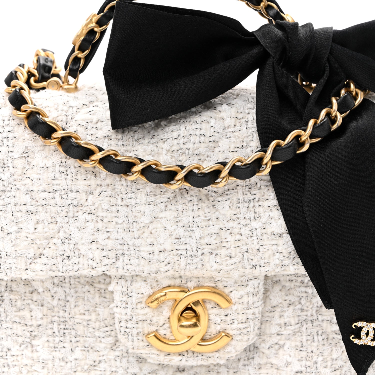 Chanel Tweed Quilted Mini Bow Top Handle Rectangular Flap White Black 7 of 9