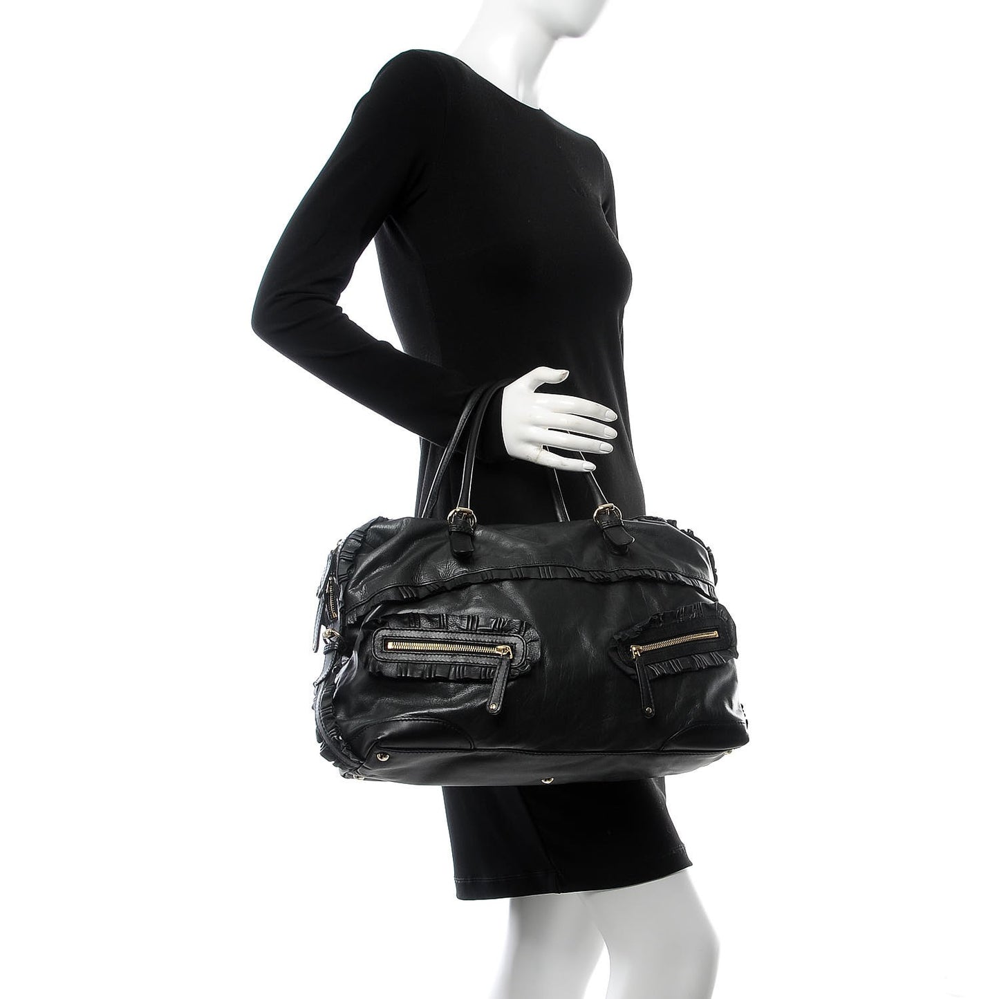 Calfskin Ruffle Medium Sabrina Boston Tote Black