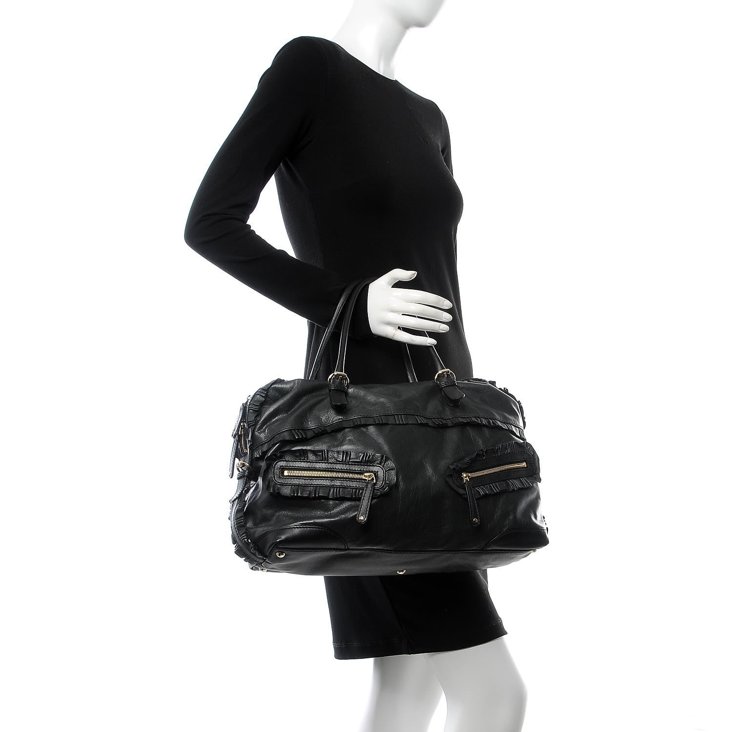 Gucci Calfskin Ruffle Medium Sabrina Boston Tote Black 2 of 7