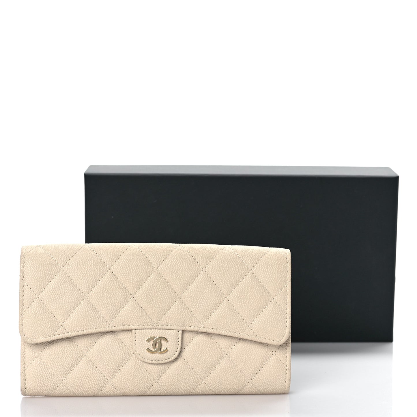 Caviar Quilted Large Gusset Flap Wallet Beige