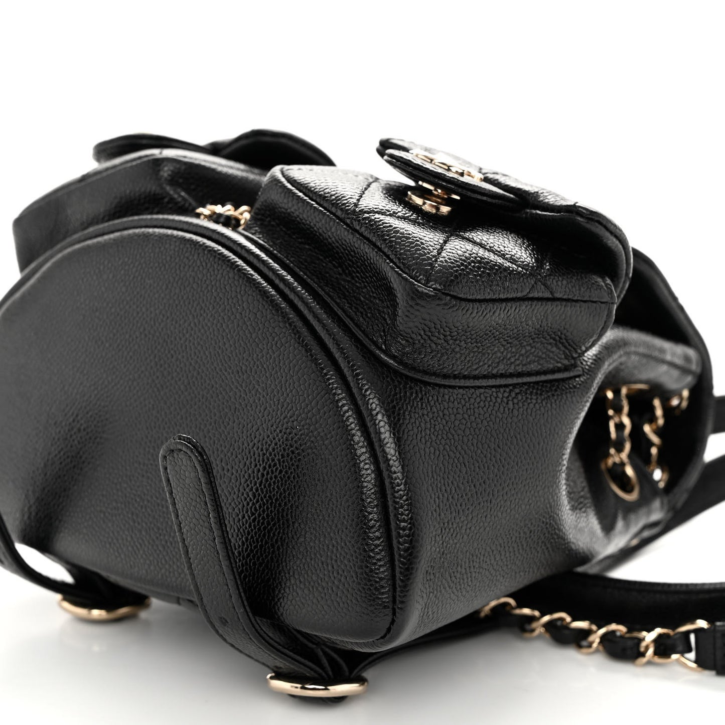 Shiny Caviar Quilted Small Duma Pockets Drawstring Backpack Black