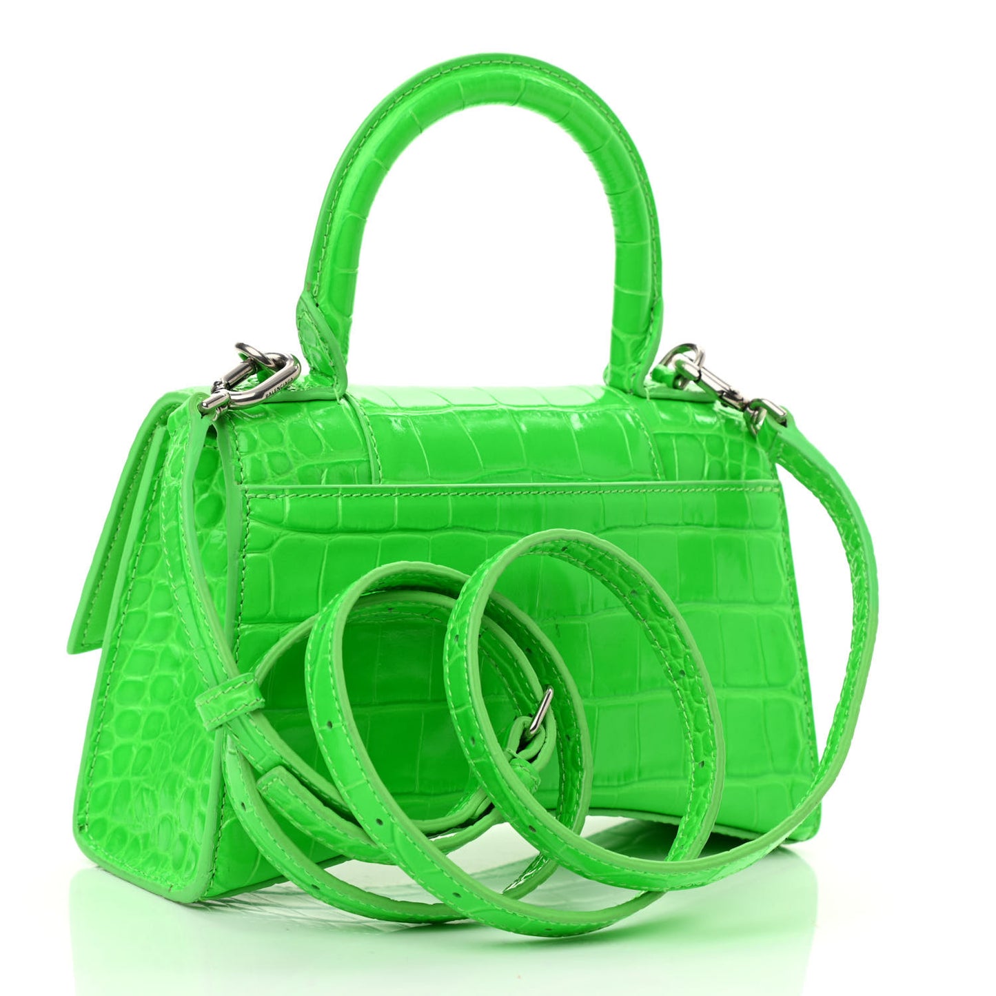 Shiny Calfskin Crocodile Embossed Hourglass Top Handle Bag XS Fluo Green