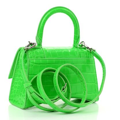 Balenciaga Shiny Calfskin Crocodile Embossed Hourglass Top Handle Bag XS Fluo Green 3 of 11