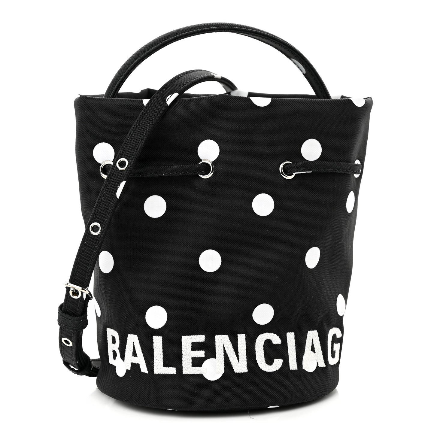 Recycled Sport Nylon Polka Dot Logo Embroidered Wheel Drawstring Bucket Bag XS Black White