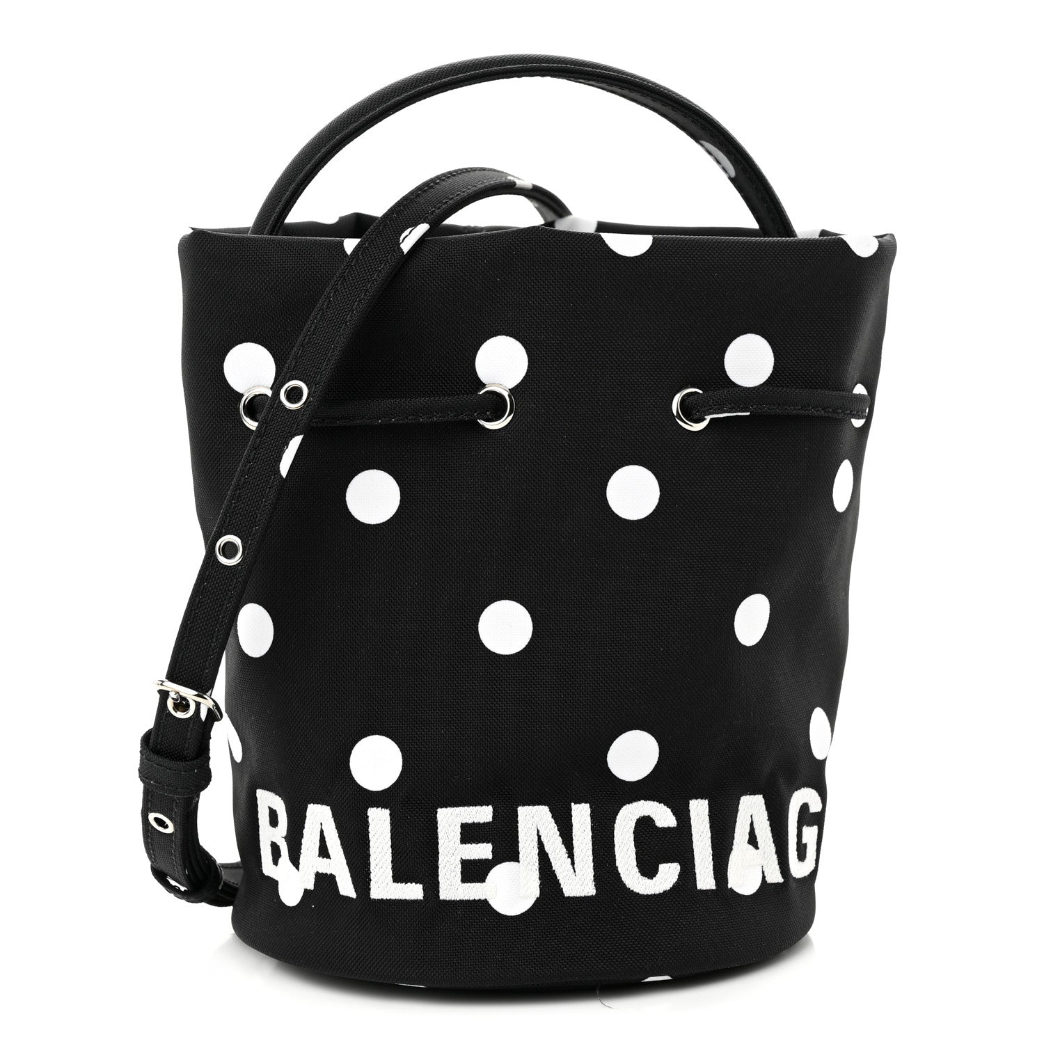 Balenciaga Recycled Sport Nylon Polka Dot Logo Embroidered Wheel Drawstring Bucket Bag XS Black White 1 of 9