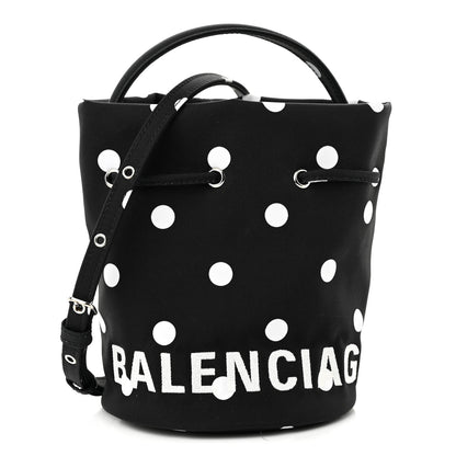 Balenciaga Recycled Sport Nylon Polka Dot Logo Embroidered Wheel Drawstring Bucket Bag XS Black White 1 of 9