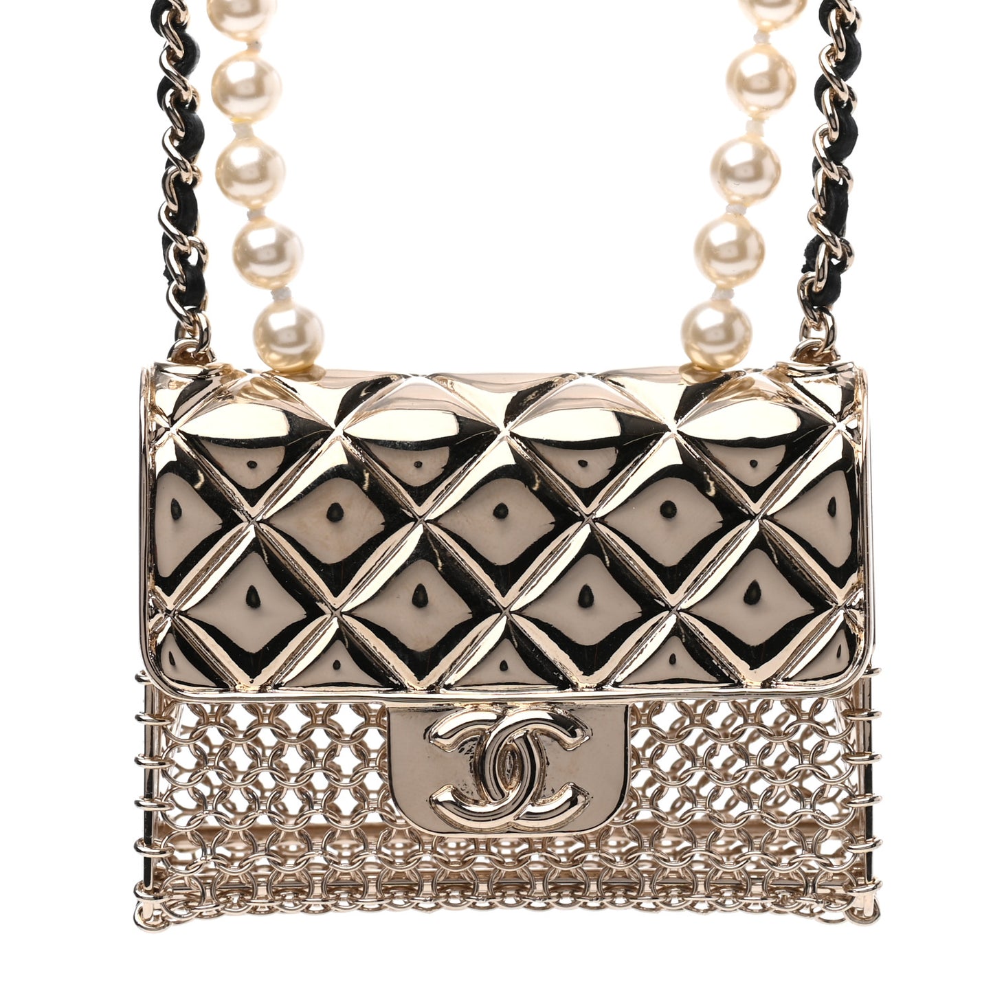Metal Lambskin Pearl Chain Flap Bag Long Necklace Gold Black Pearly White