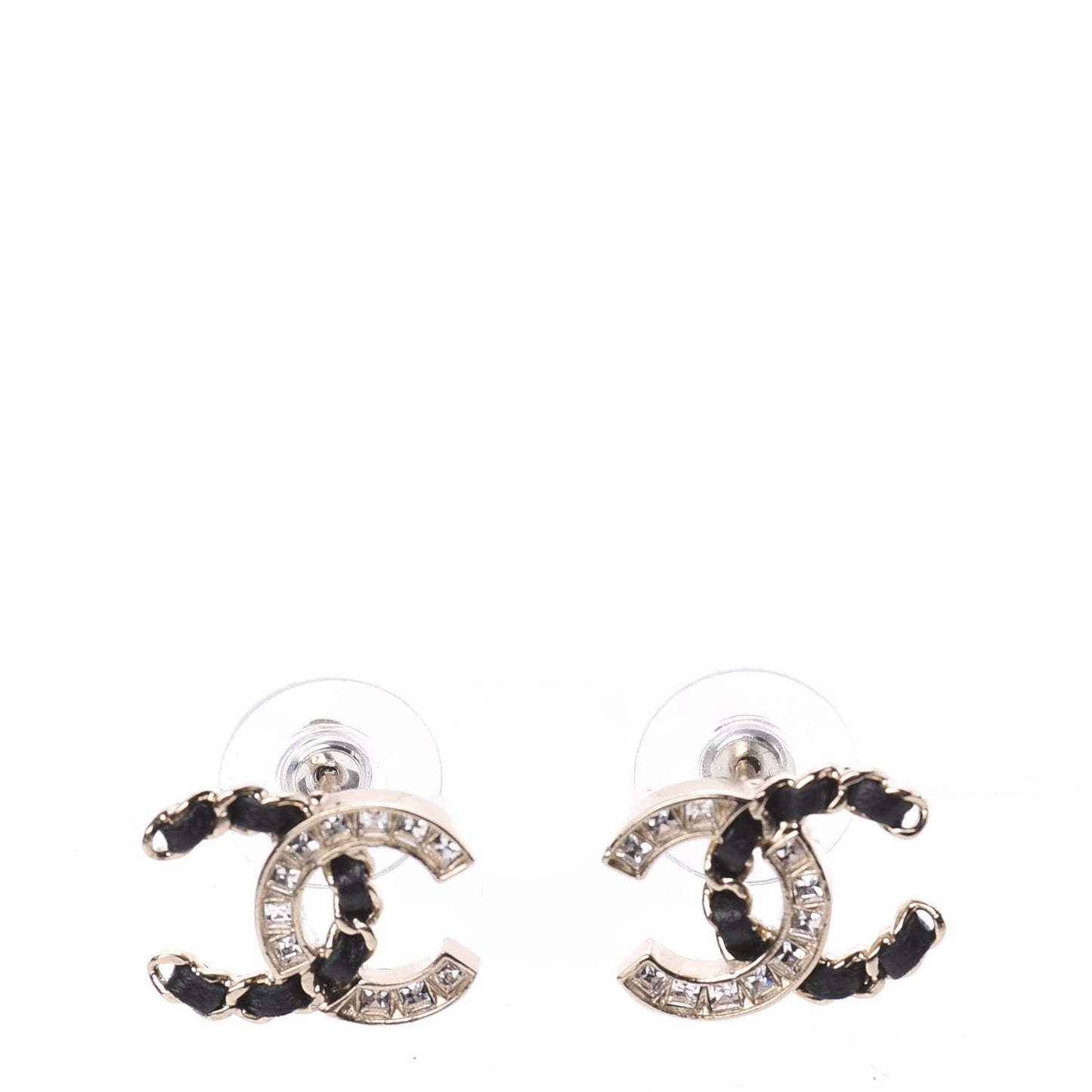 Crystal Baguette Lambskin Chain CC Vintage Allure Stud Earrings Black Gold