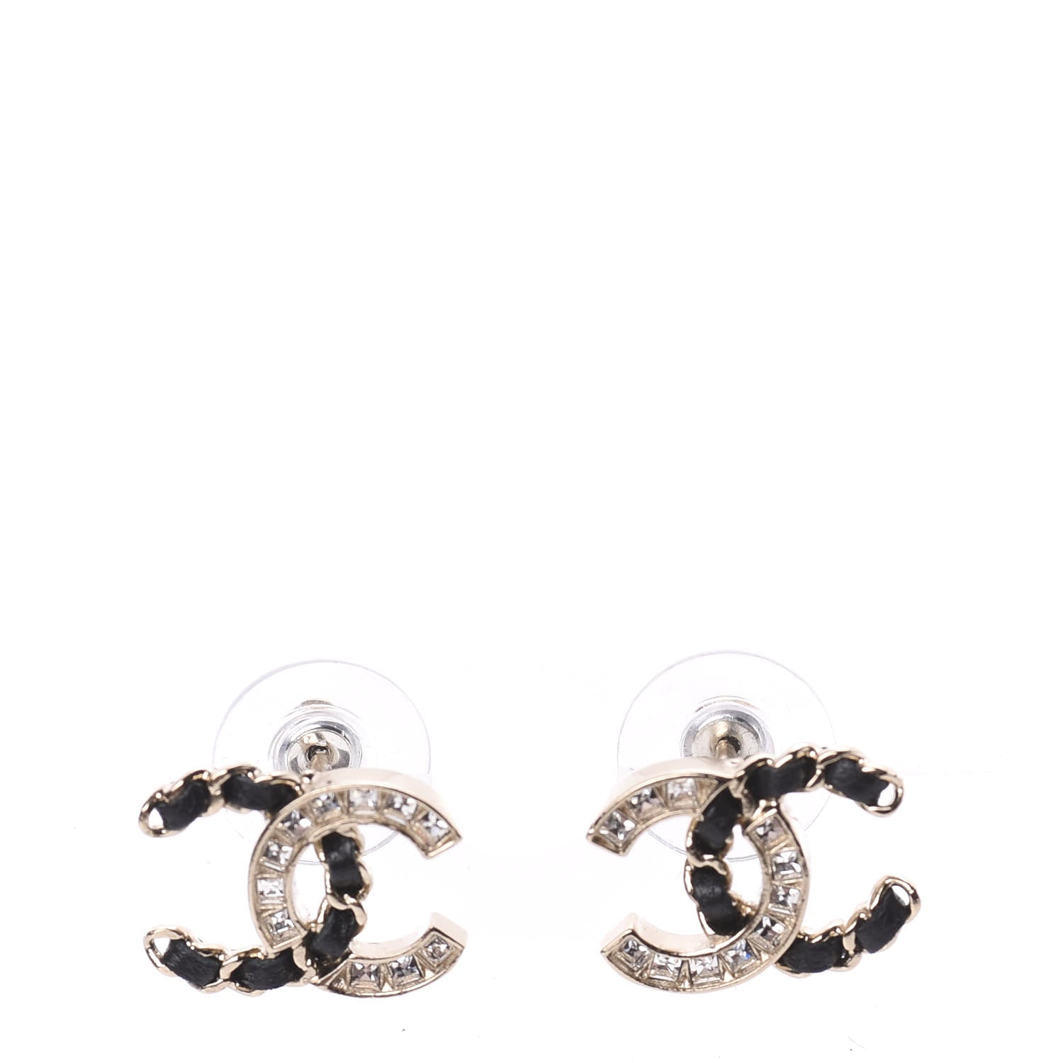 Chanel Crystal Baguette Lambskin Chain CC Vintage Allure Stud Earrings Black Gold 1 of 4