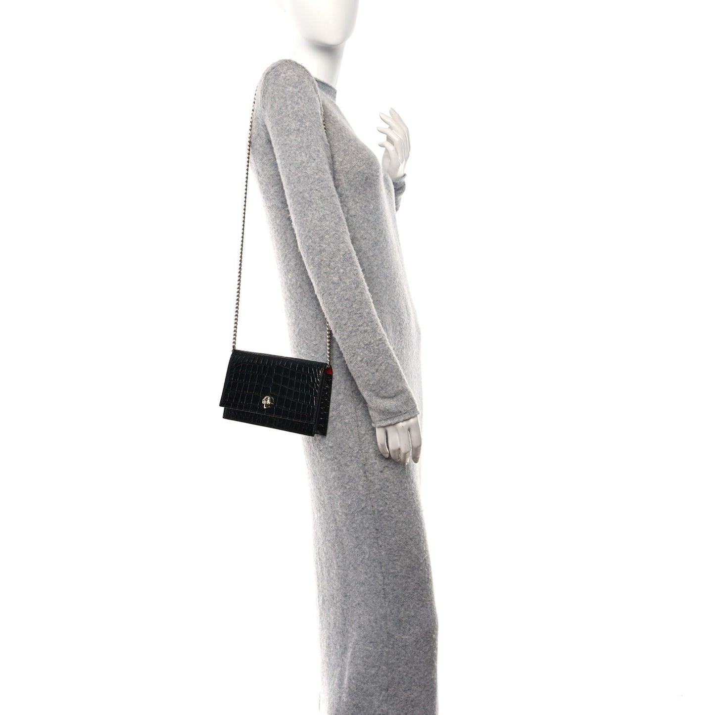 Calfskin Crocodile Embossed Skull Mini Crossbody Bag Black