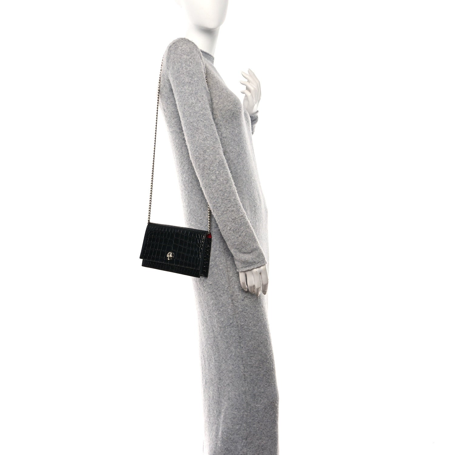 Alexander McQueen Calfskin Crocodile Embossed Skull Mini Crossbody Bag Black 2 of 11