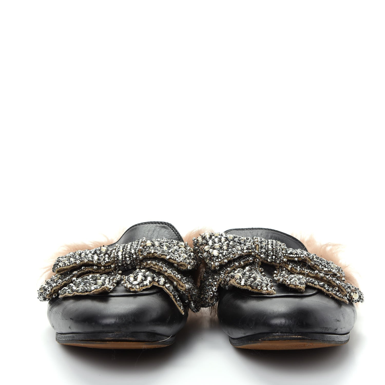 Gucci Malaga Kid Fur Crystal Bow Embroidered Womens Princetown Slippers 36 Black 2 of 10