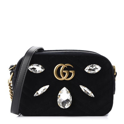 Gucci Velvet Matelasse Marquise Crystals Mini GG Marmont Chain Shoulder Bag Black 1 of 10