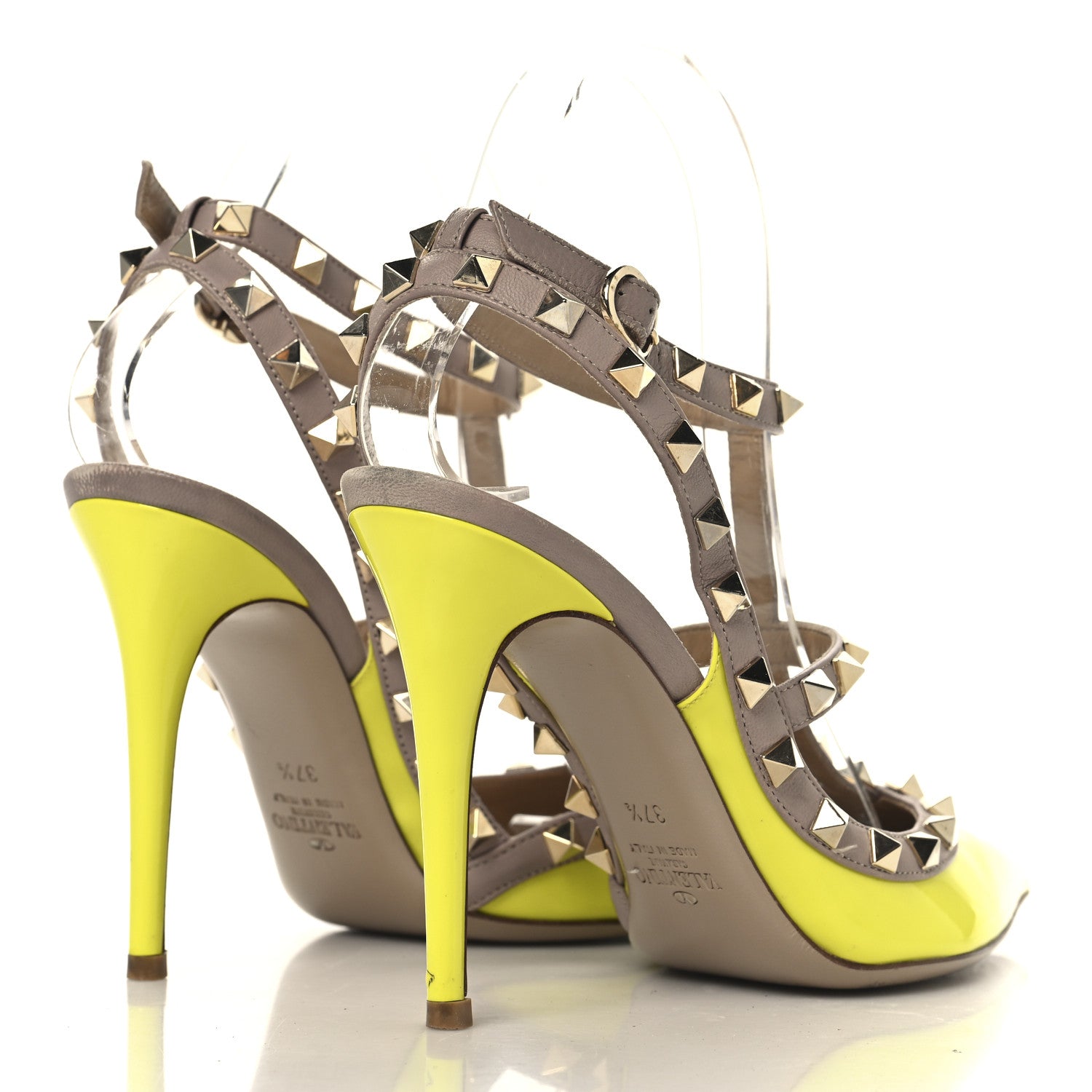 Valentino Garavani Patent Nappa Rockstud Ankle Strap 100mm Pumps 37.5 Yellow Fluo Poudre 5 of 9