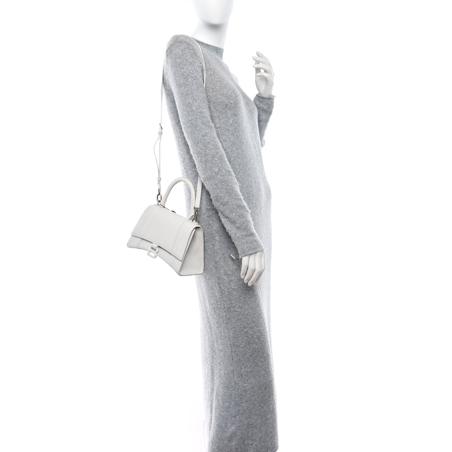Balenciaga Matte Calfskin Snake Embossed Tonal B Small Hourglass Top Handle Bag Optic White 2 of 16