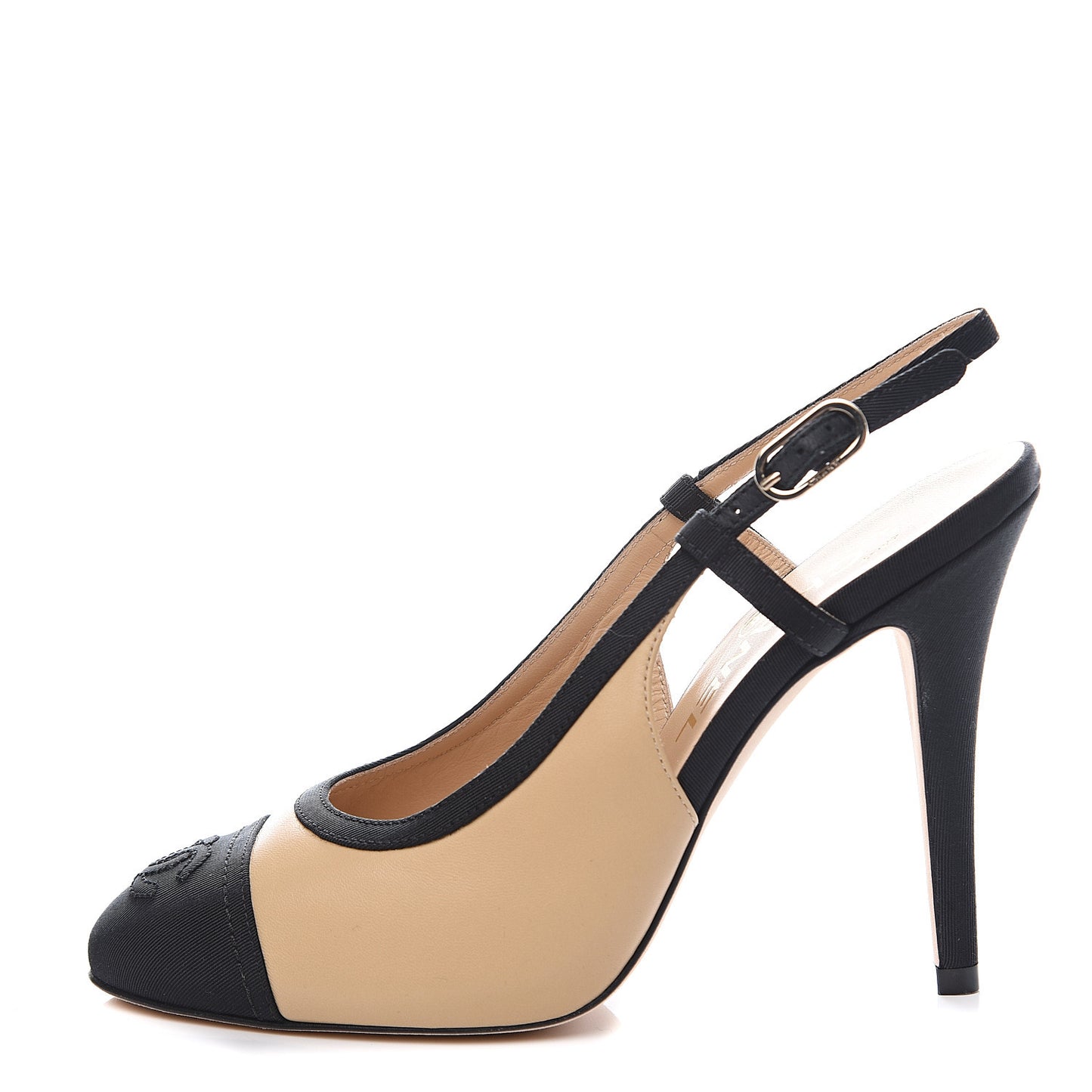Lambskin Grosgrain Cap Toe CC Slingback Pumps 36 Beige Black