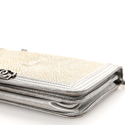 Chanel Metallic Galuchat Stingray Lambskin Boy Wallet On Chain WOC Silver 10 of 12