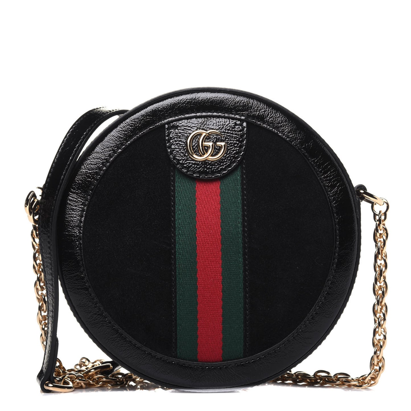 Suede Patent Web Mini Ophidia Round Shoulder Bag Black