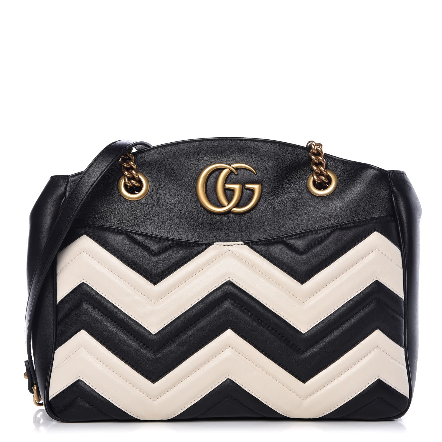 Gucci Calfskin Matelasse Medium GG Marmont Open Top Shoulder Bag Black White 1 of 9
