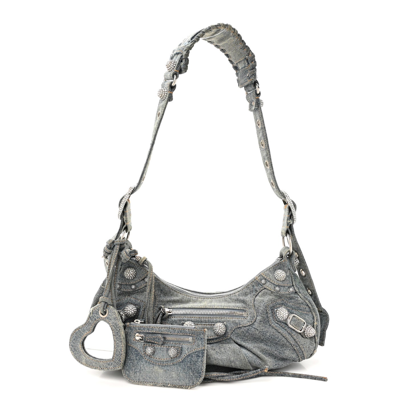 Washed Frayed Denim Crystal Small Le Cagole Shoulder Bag Blue