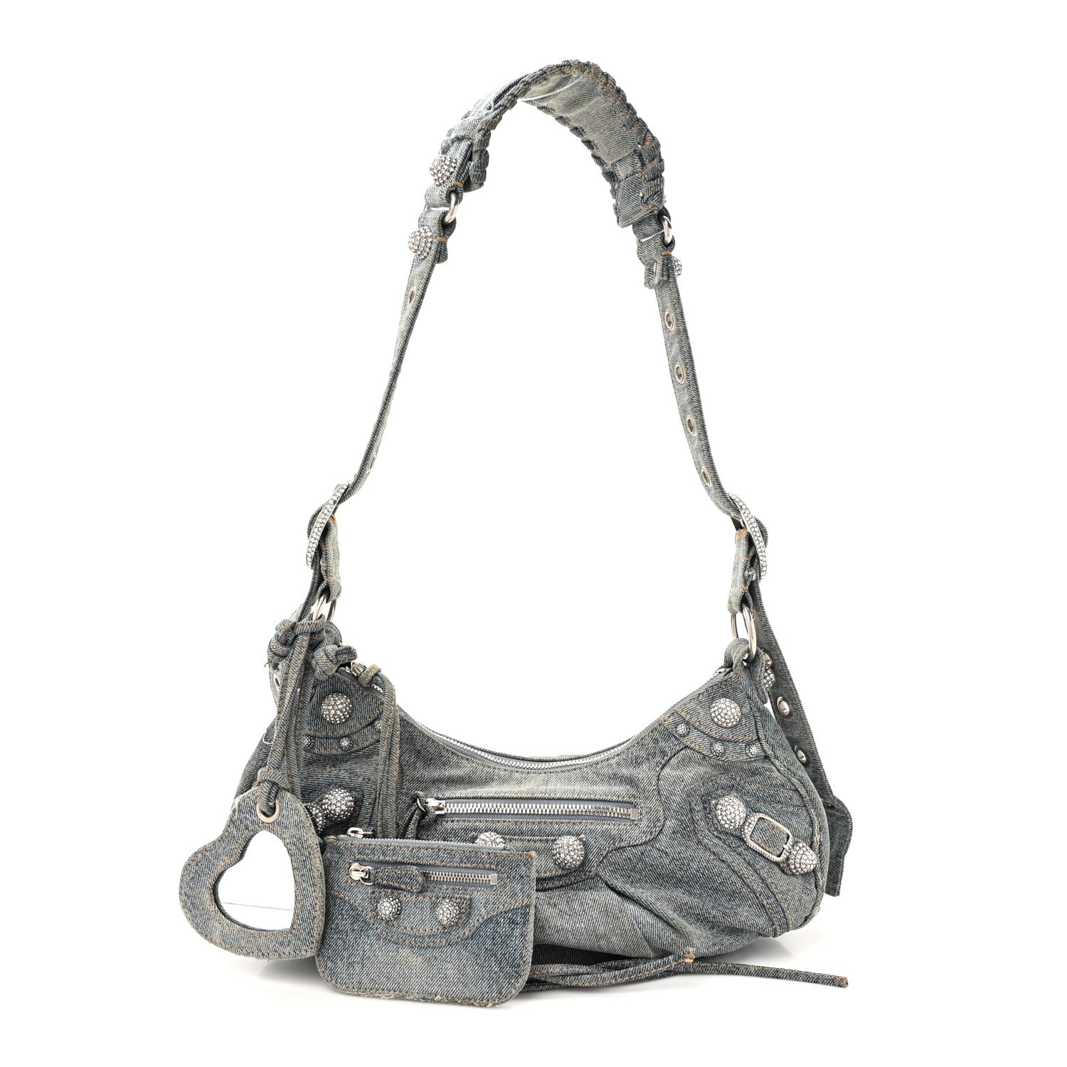 Balenciaga Washed Frayed Denim Crystal Small Le Cagole Shoulder Bag Blue 3 of 15