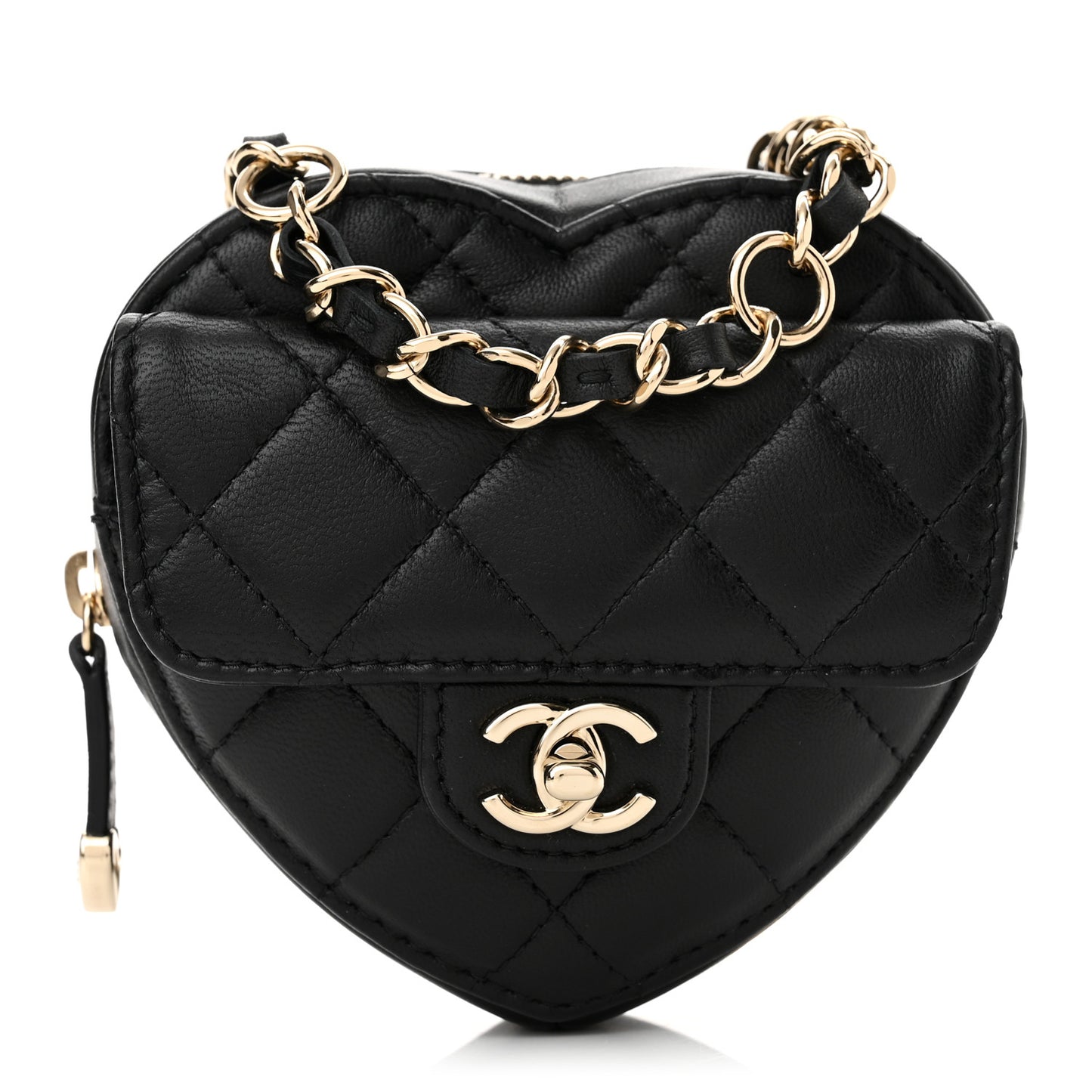 Lambskin Quilted CC In Love Heart Waist Belt Bag With Chain Black