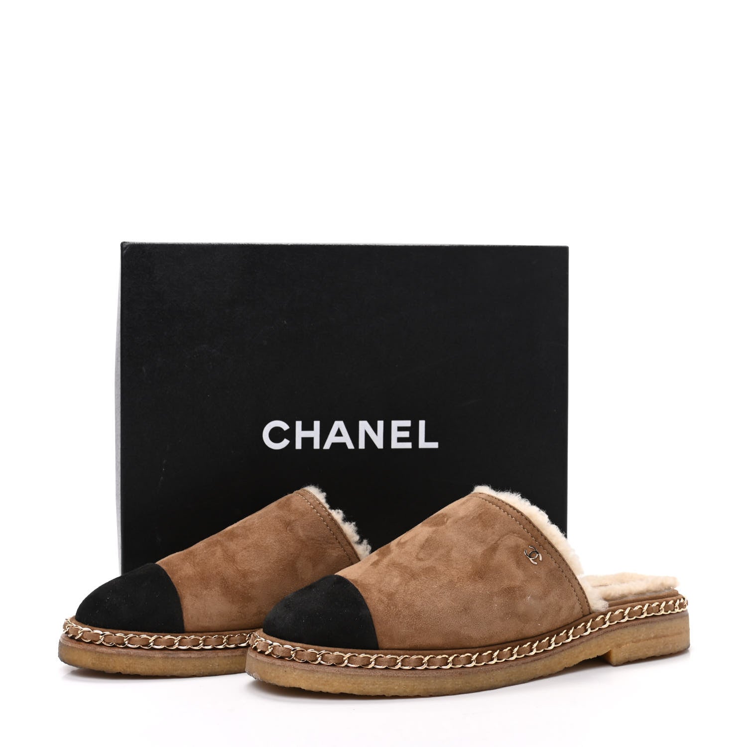 Chanel Kid Suede Shearling CC Chain Mules 40 Light Brown Black 8 of 8