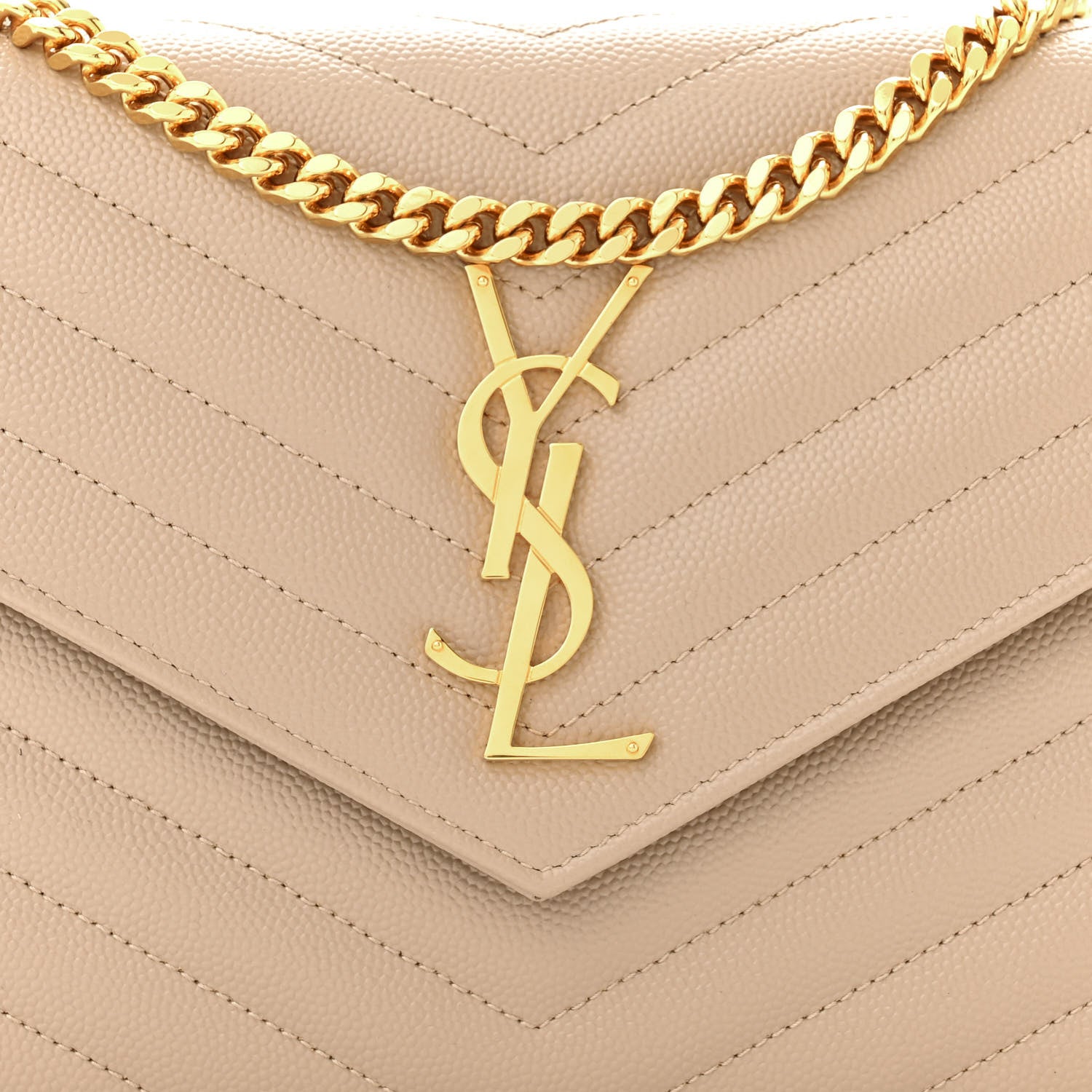 Saint Laurent Grain De Poudre Matelasse Chevron Monogram Chain Wallet Dark Beige 7 of 9