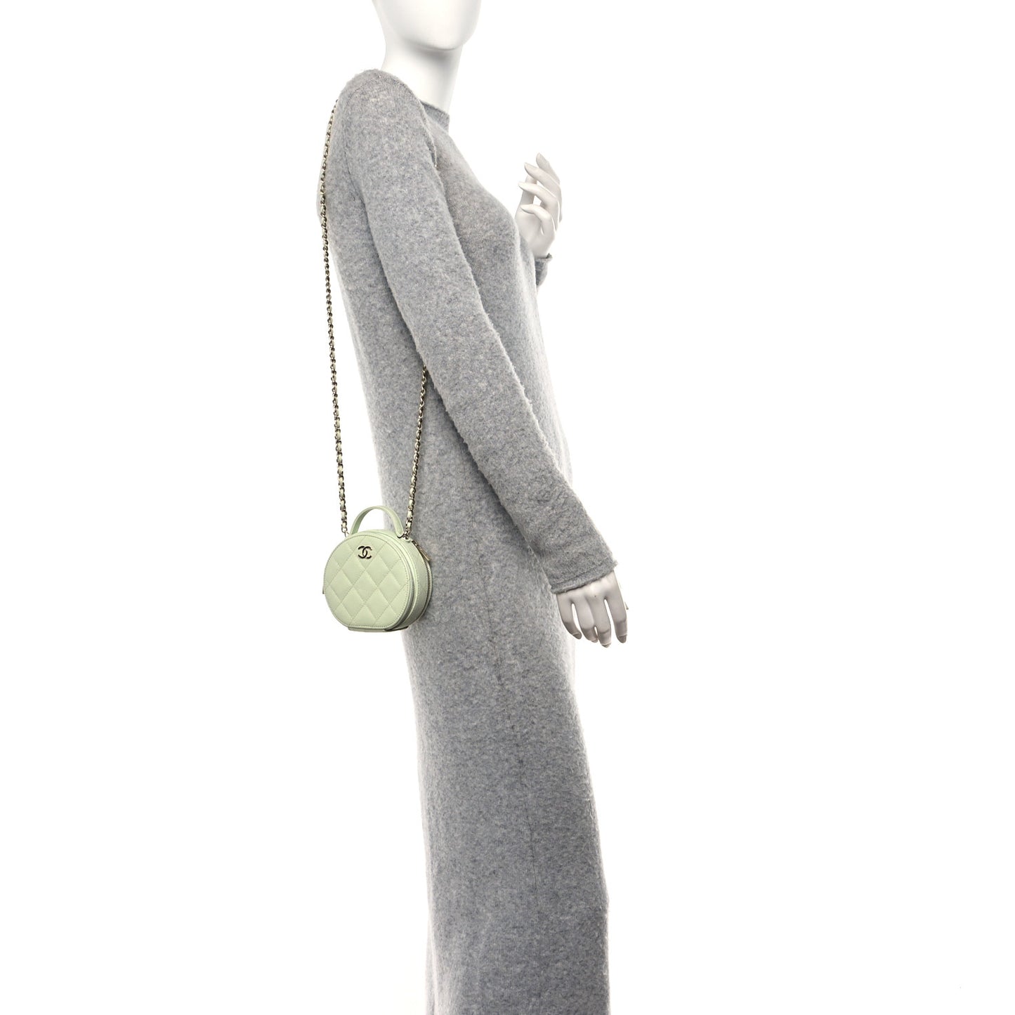 Caviar Quilted Round Handle With Care Vanity With Chain Light Green