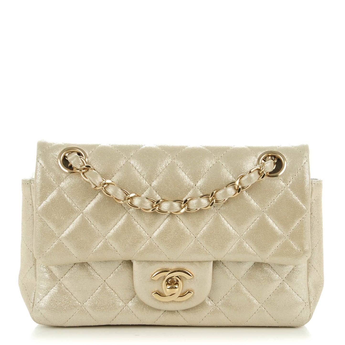 Iridescent Calfskin Quilted Mini Rectangular Flap Light Gold