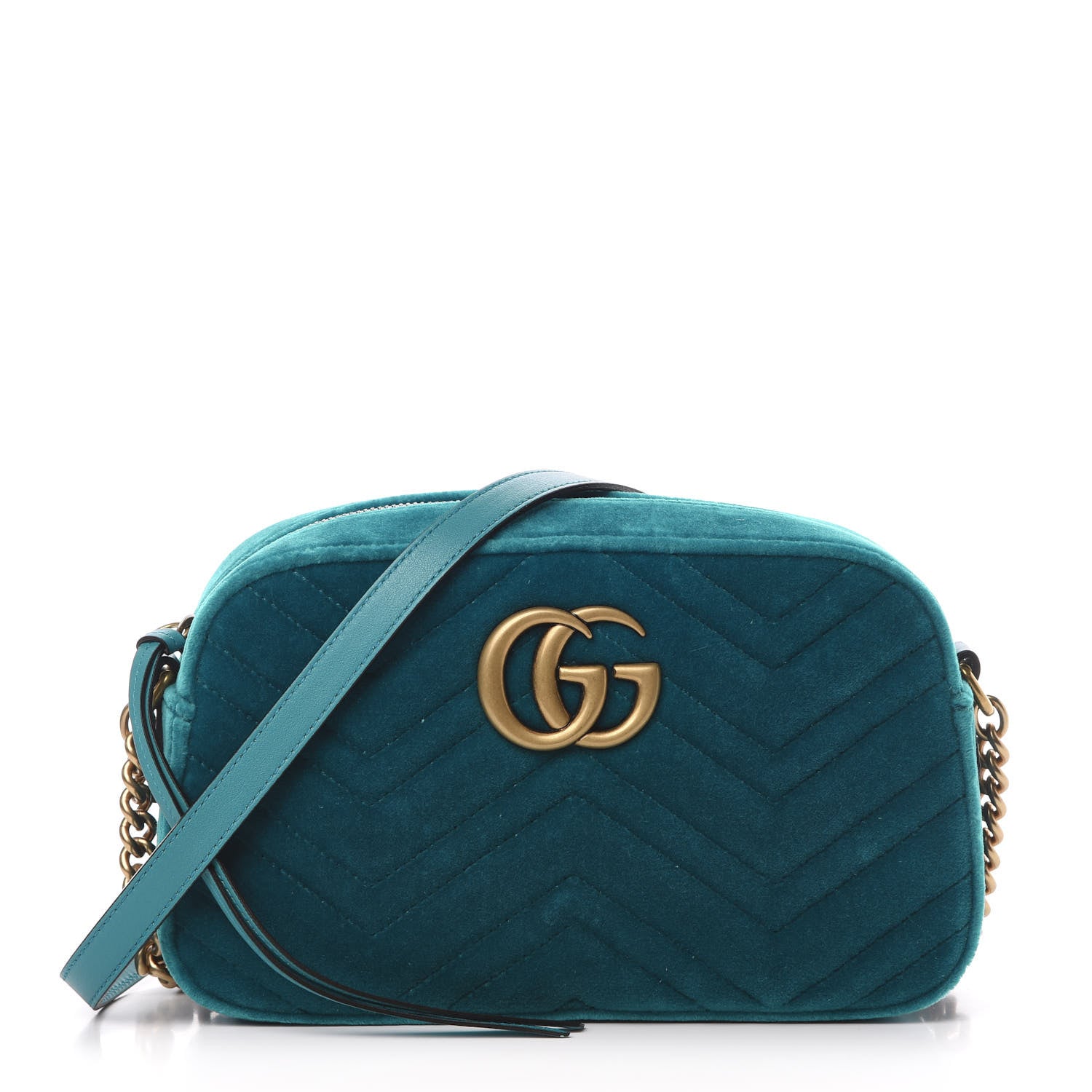 Gucci Velvet Matelasse Small GG Marmont Chain Shoulder Bag Pavone Cyan 1 of 10