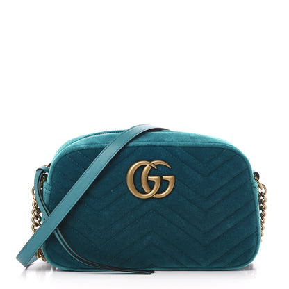 Gucci Velvet Matelasse Small GG Marmont Chain Shoulder Bag Pavone Cyan 1 of 10