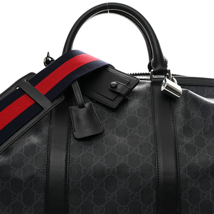 Gucci Soft GG Supreme Monogram Appia Calfskin Web Large Carry On Duffle Bag Black Grey 7 of 10