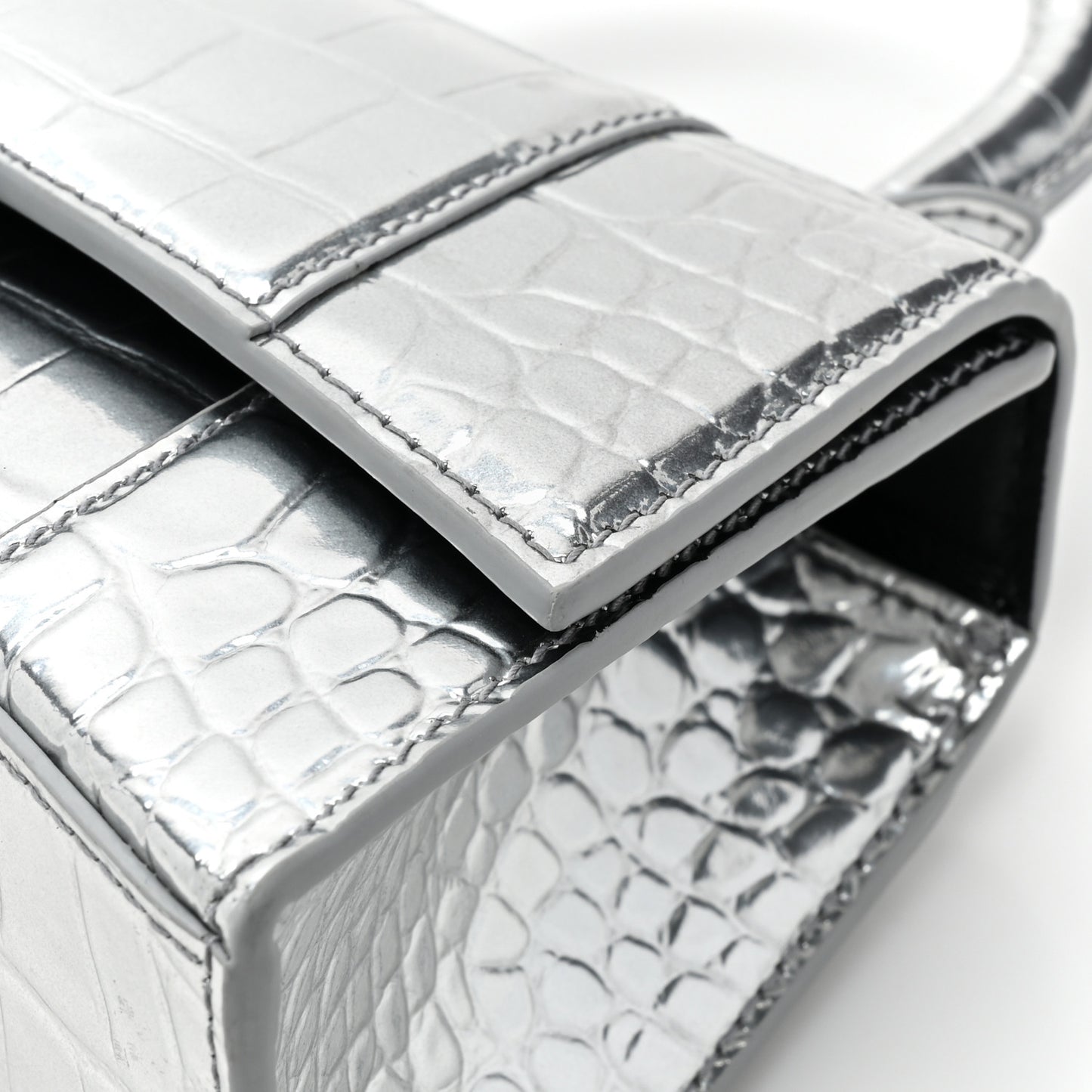 Metallic Calfskin Crocodile Embossed Crystal Hourglass Top Handle Bag XS Silver
