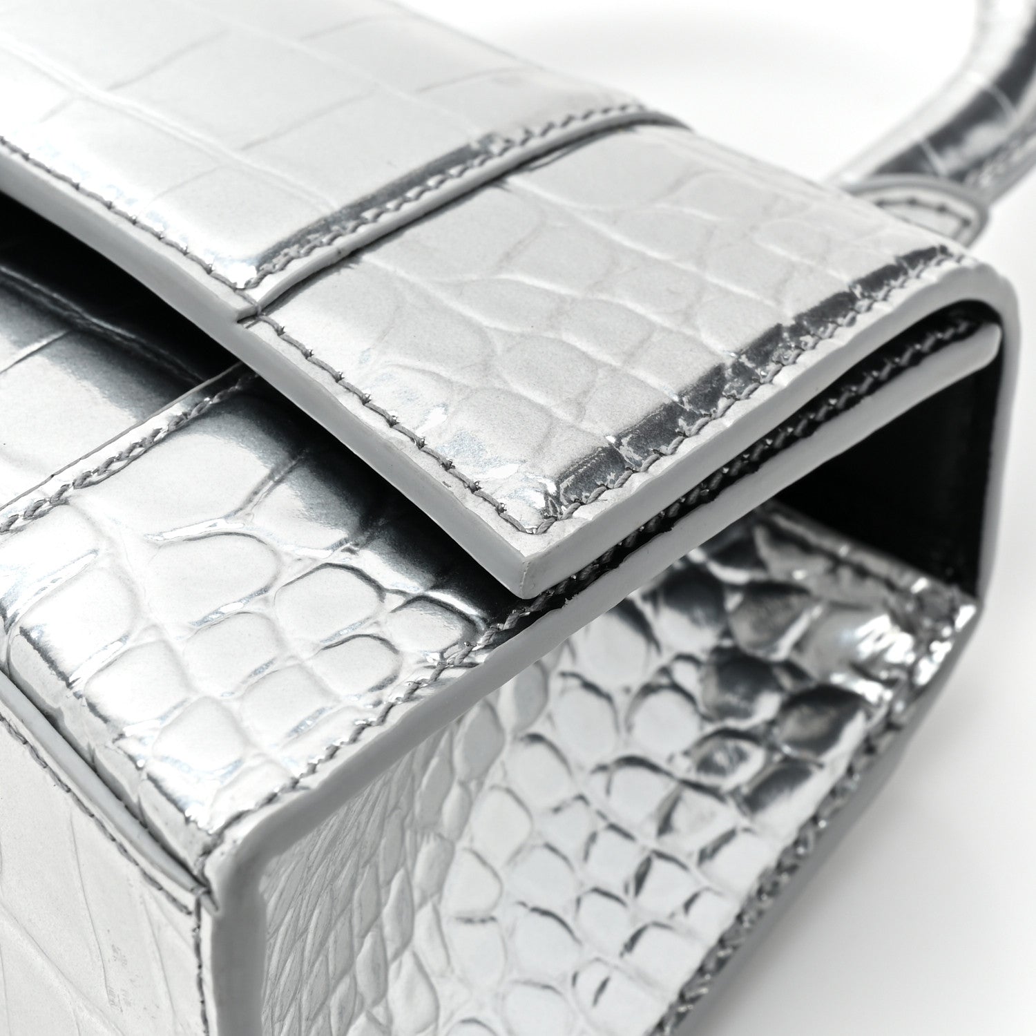 Balenciaga Metallic Calfskin Crocodile Embossed Crystal Hourglass Top Handle Bag XS Silver 16 of 16