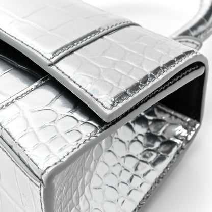 Balenciaga Metallic Calfskin Crocodile Embossed Crystal Hourglass Top Handle Bag XS Silver 16 of 16